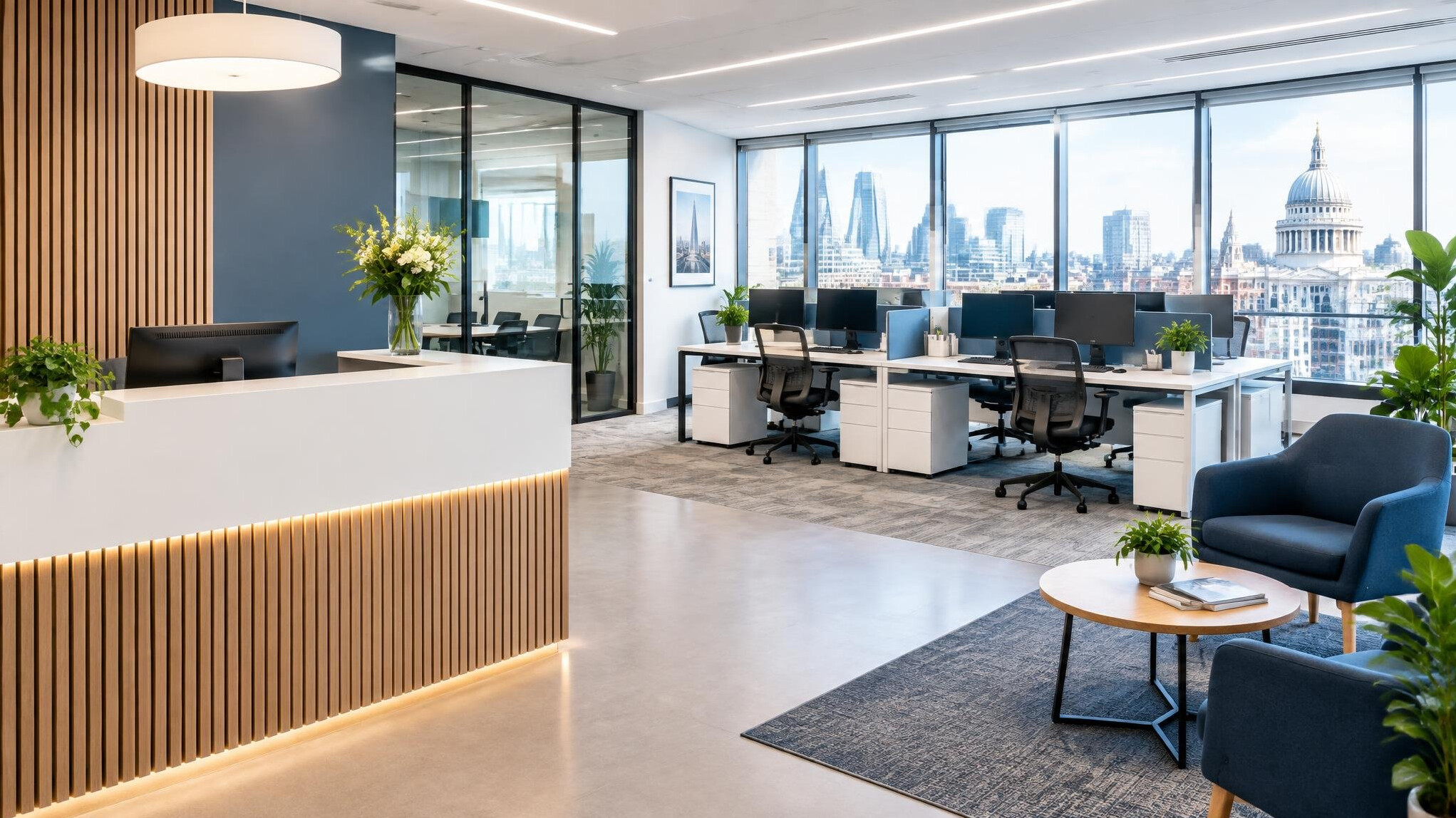 Bright modern office with large windows and desks